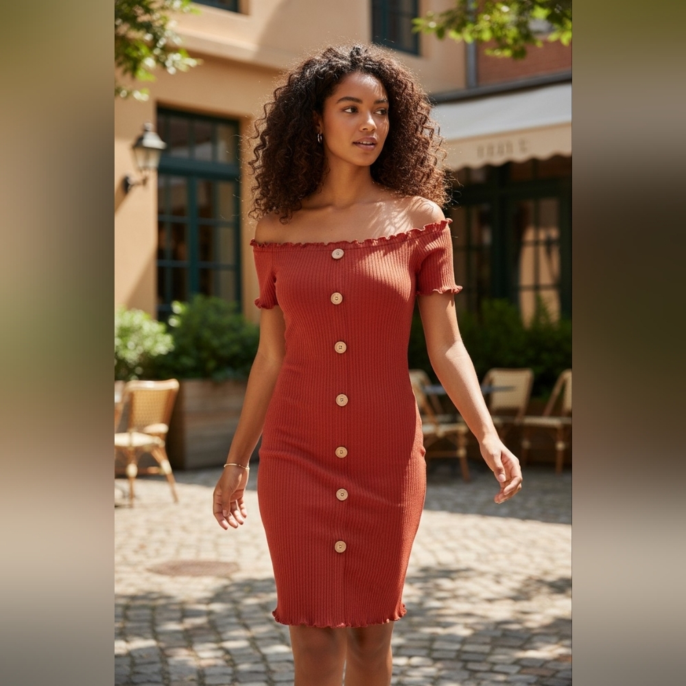 Full Circle Trends Ribbed Off Shoulder Button Front Bodycon Midi Dress Rust L
